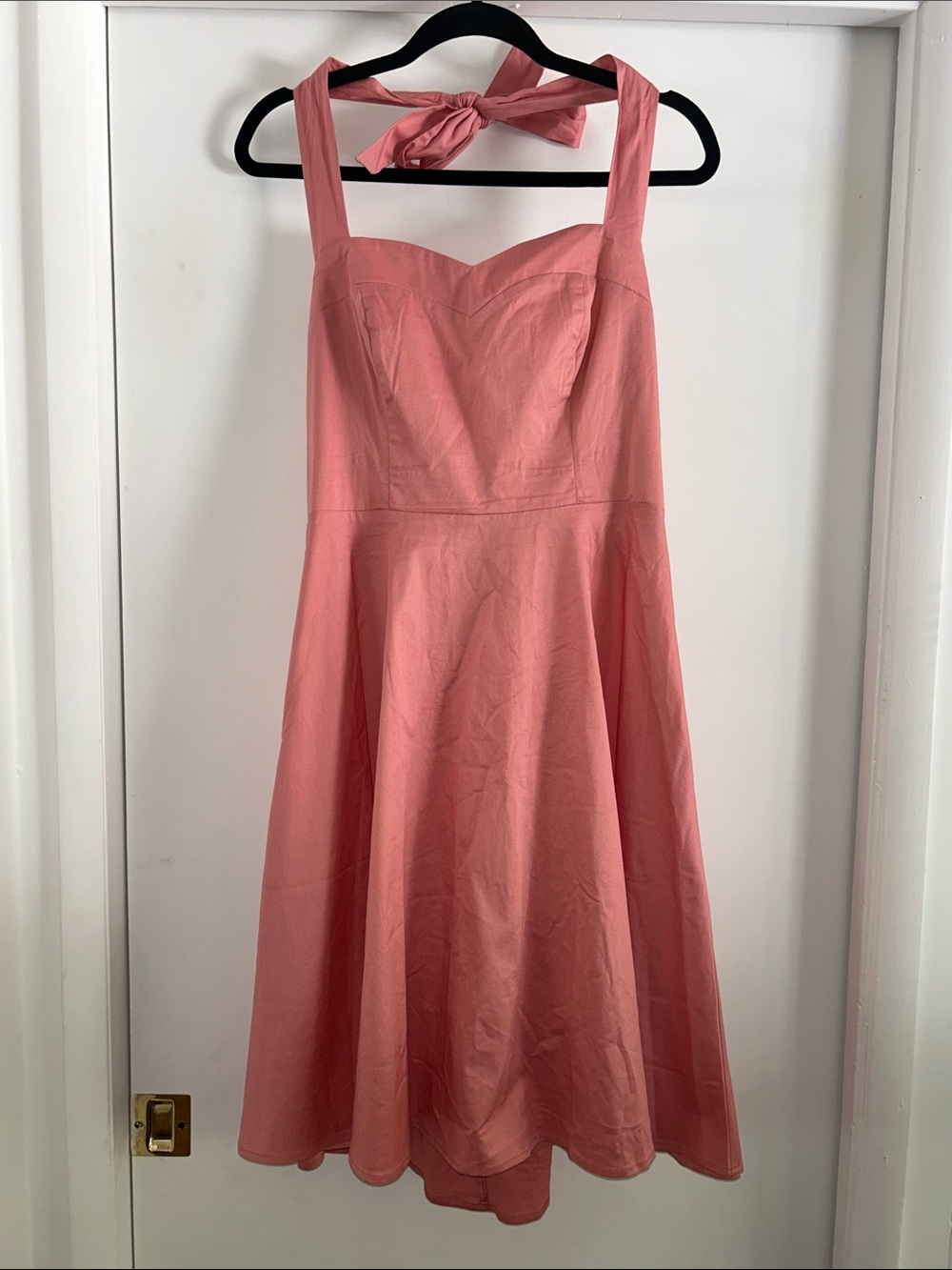 Sleeveless Coral Pink Fit-and-Flare Dress with Halter Tie Size L